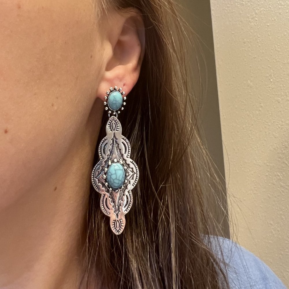 Western Southwestern Boho Cowboy Aged Silver & Turquoise Dangle Earrings NEW - Picture 3 of 5